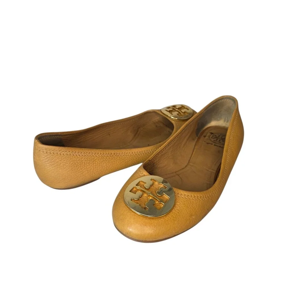 Tory Burch Reva Womens 7.5  Tan Pebbled Leather Gold Tone Logo Ballet Flats